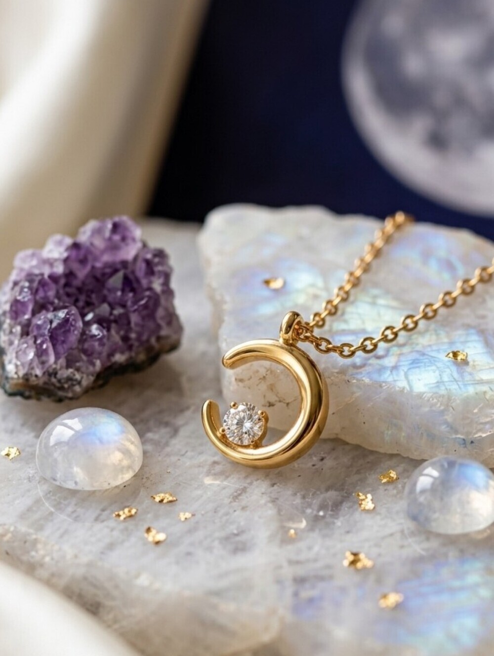 Gold Crescent Moon Necklace CZ Pendant Dainty Celestial Layering Adjustable 16"